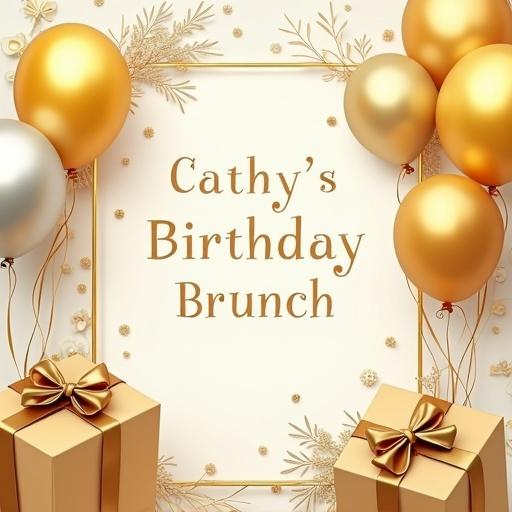 Design a classy birthday invitation using soft nude colors with yellow and silver. Include gifts and balloons around the text for decoration. Specify details for Cathy’s Birthday Brunch on July 13, 2025.