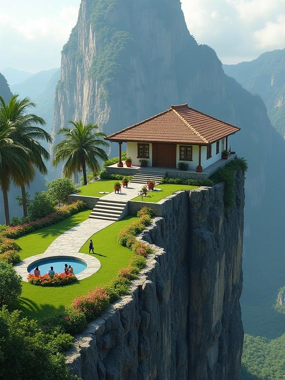 A setting on a breathtaking mountaintop with a house on a narrow rock ledge. Features include a traditional bungalow, palm trees, lush gardens, and a serene pool. The background shows a towering mountain and a bright, clear sky, creating a dreamlike atmosphere.