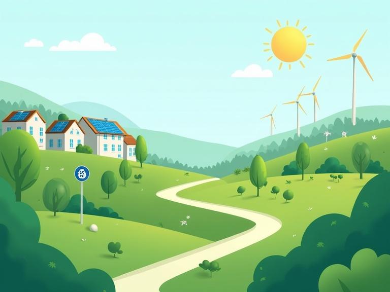 Illustrative vector scene of a sustainable city of the future. Green parks and forests. Solar panels on rooftops. Wind turbines on the horizon. Recycling symbols. Bright green and blue color palette. Clean flat geometric shapes. Optimistic and modern design. Emphasizes renewable energy and eco-friendly living. Suitable for environmental campaigns and corporate sustainability presentations.