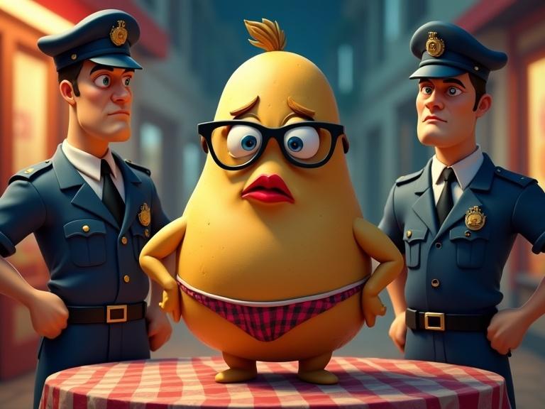Cartoon of a humorous potato character wearing a bikini. Two serious police officers admire the potato. The potato has funny glasses and red lips. It shows a cheeky guilty smirk. Background features a night cafe. Style is exaggerated and satirical with vibrant colors.