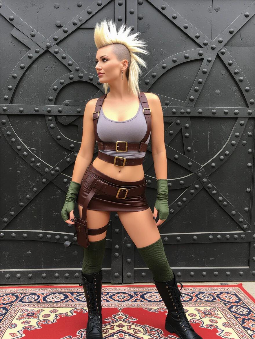 Photograph features a woman with punk style. She stands confidently in front of a large industrial metal door. She wears a grey tank top and a brown leather harness. A dark brown mini skirt with a utility belt compliments her outfit. Green fingerless gloves and knee-high socks complete her look. Her platinum blonde hair has a mohawk style, braided on the sides. The woman has a slim, toned physique. Confident expression with fists up and legs slightly apart. The background includes a patterned rug. Soft, even lighting highlights her features. Focus on earthy tones and metallic elements. Balancing composition with centered subject against a detailed industrial door.