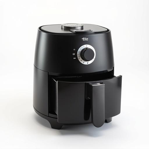 An air fryer stands on a plain background. It has a removable top and a stand for stability during use. A glass drawer is featured in the front. The design is sleek and minimalist.
