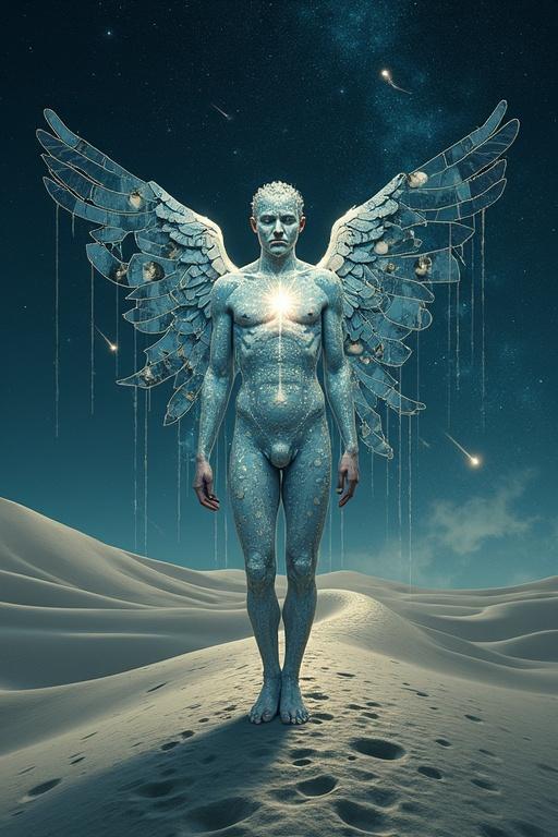 An angel made of floating mirrors stands in a starry desert. The dunes are formed from moon dust. The background has dead comets. An hourglass on his chest drips light. Themes explore fragmentation and memory.