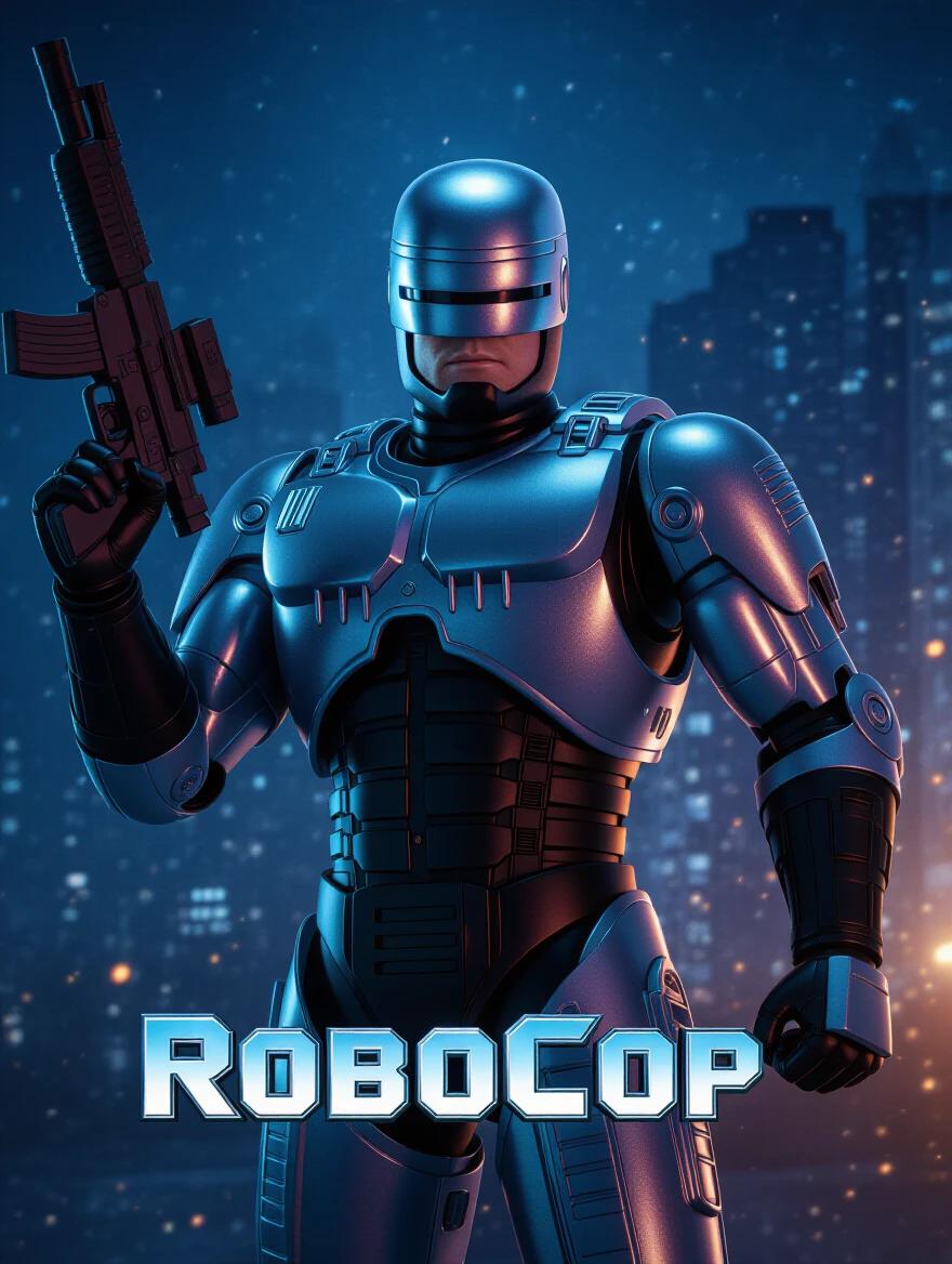 Imagery of a futuristic robotic cop with weapon at night. The atmosphere is dark with blue neon lighting. It resembles a movie poster for action and sci-fi genres.