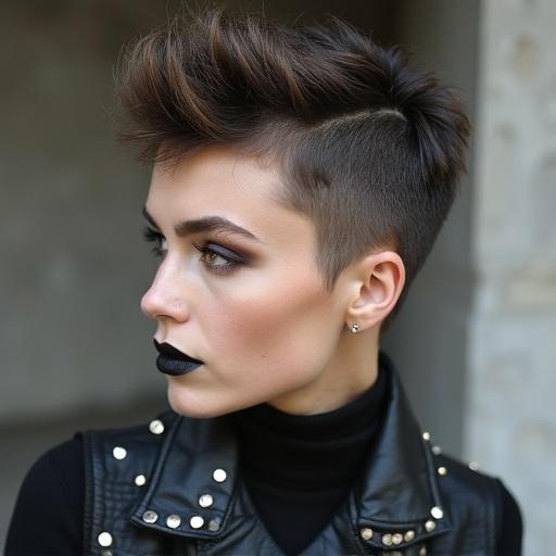 Asymmetrical pixie cut with meteorite studs. Stylish hair cut contrasts with concrete setting. Chic and sophisticated appearance. Industrial backdrop enhances the edgy look.