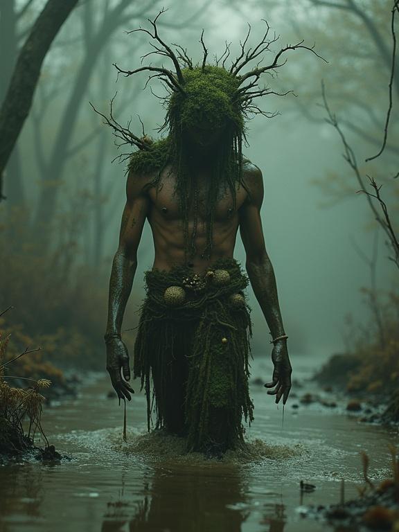 Imaginary prince rising from swamp water. Skin covered with moss and mud. Adorned with jewelry made from roots and fungi. Misty air with unknown sounds. Grainy vintage style evokes eerie swamp atmosphere. Surreal elements blend with light artistic touches.