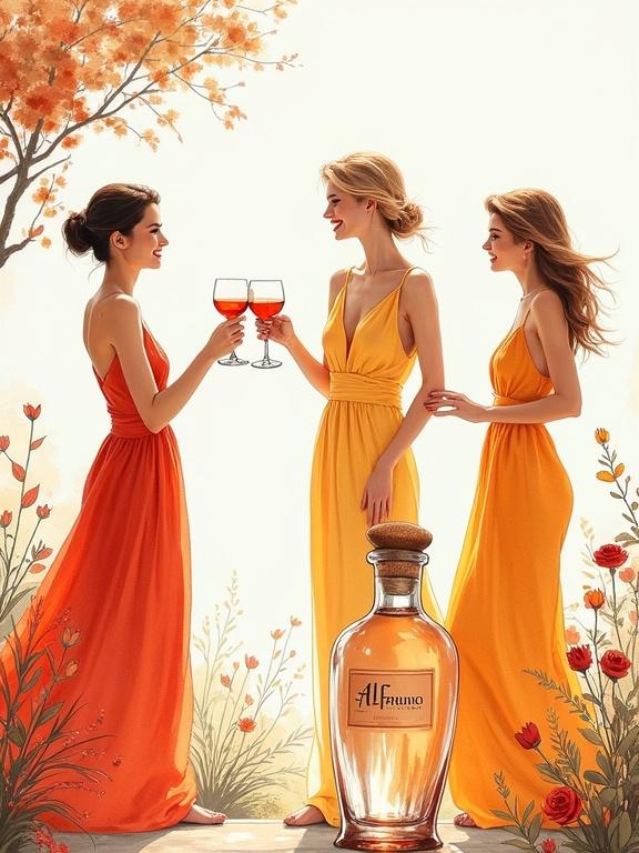 Three elegant women in golden-reddish dresses toast with cocktail glasses in a luxury modern garden. Their dresses flutter in the wind. A lower apothecary-style bottle labeled 'ALFRUNO' glows beside them. Natural accents include flowers and herbs, creating a scene of indulgence and extravagance.