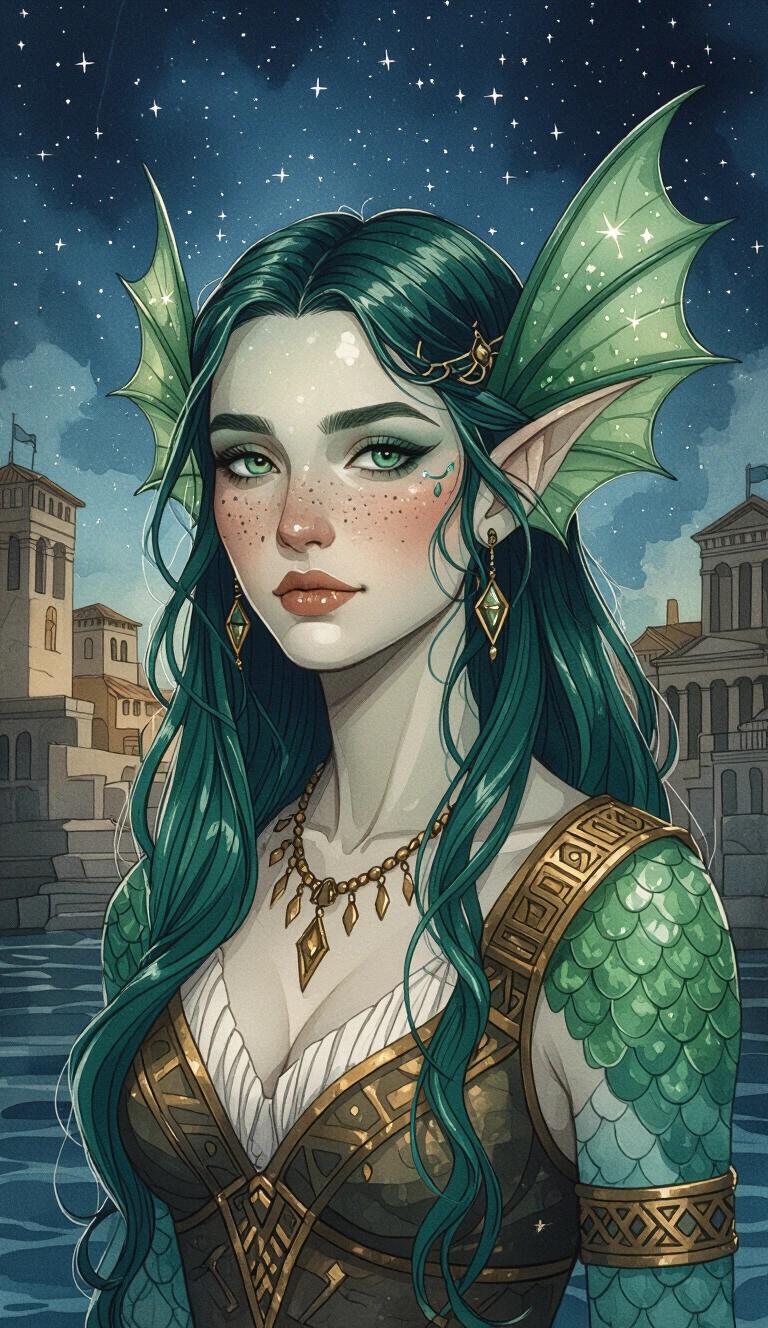 Dark watercolour illustration of a youthful Triton fish-person female. Features include voluptuous body shape, sharp finned ears, and green-blue scaled skin. Background shows an ancient Grecian Fantasy port city. Attire is Ancient-Greek-inspired. Holds a black stone that casts star constellations when light shines. Hair is long, slick-backed, and green-blue. Aimed to depict youthfulness and focus on fin features instead of ears.