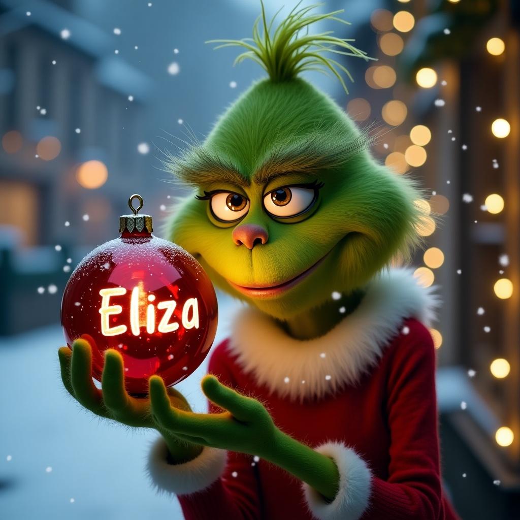 Grinch character holding a bauble with name Eliza engraved. Snowy background with Christmas lights. Happy holiday theme. Cheerful character expression.