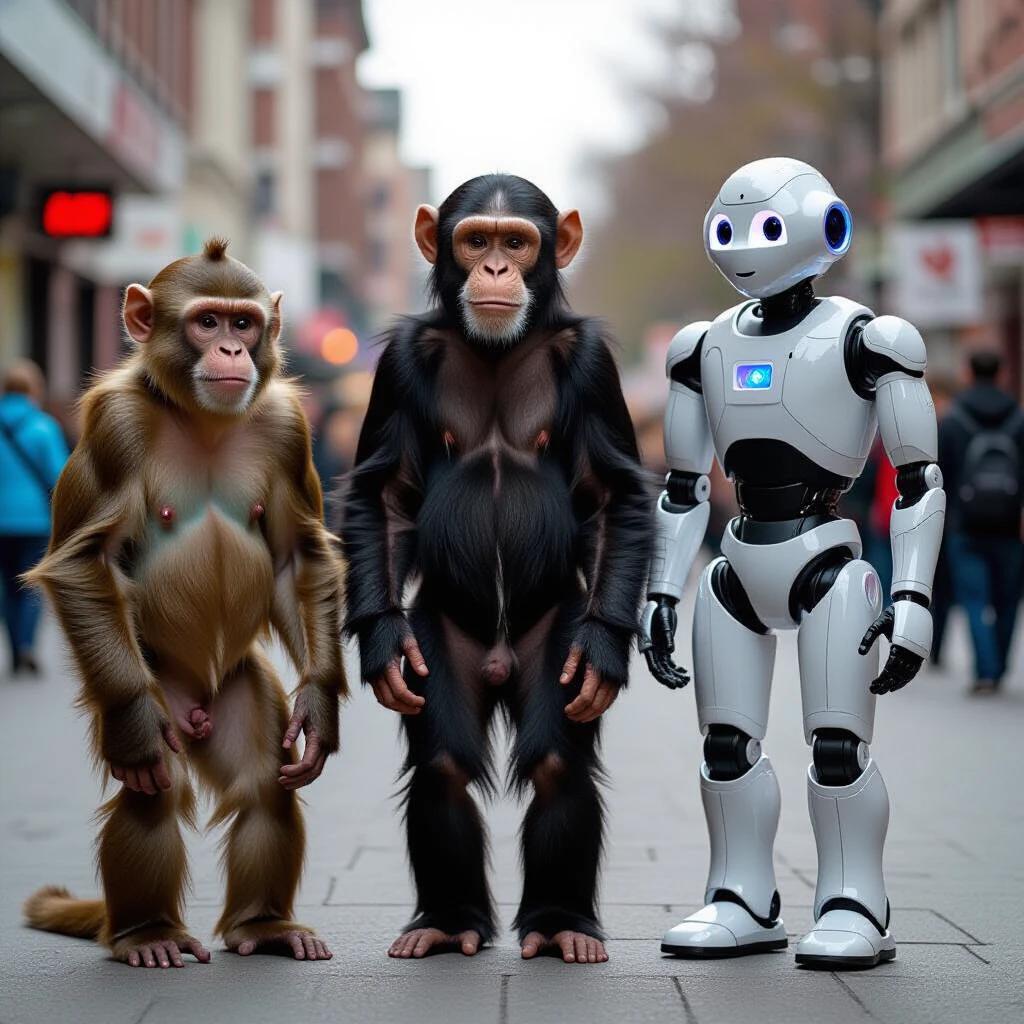 Three figures stand together. One is a robot. Two are monkeys. The scene is set in an urban street environment. The robot has a friendly appearance. The monkeys have distinct features.