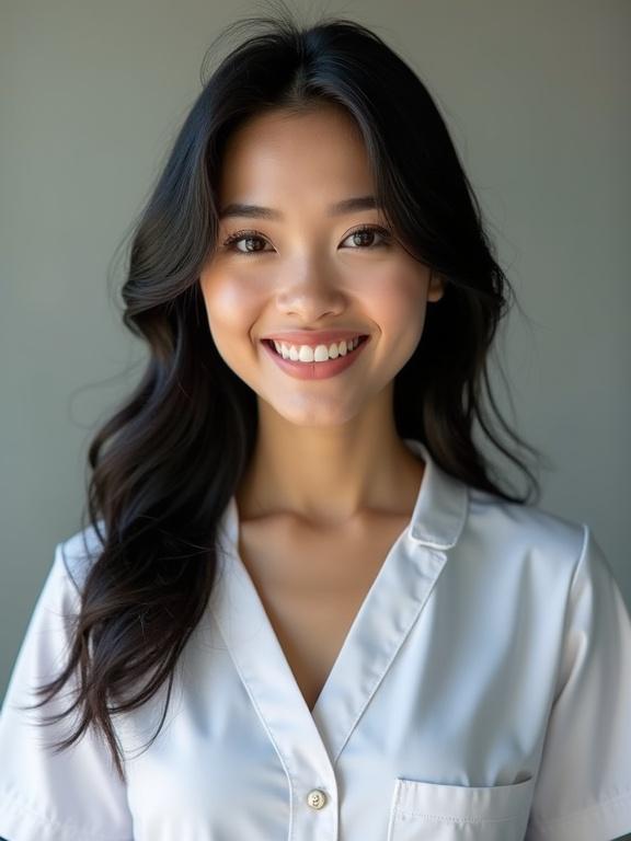 Portrait of a Thai nurse smiling. Attractive physique with slender waist. Long black hair, dark eyes, creamy skin. Wearing a white shirt. Inviting smile and graceful elegance.