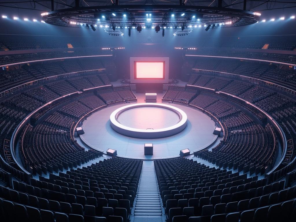 This image depicts a large-scale concert setting from a bird's eye view. The stadium is filled with empty seats, highlighting the scale of the venue. At the center is a prominent circular stage, with a rectangular screen behind it. A catwalk extends from the stage towards a smaller rectangle, possibly for performers. The overall lighting creates a dramatic and inviting atmosphere, ideal for live events.