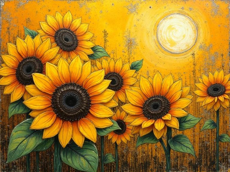 Encaustic mixed media art of sunflowers in vibrant colors. Abstract style with gilded touches. Features bright shades of yellow and a sunny background.