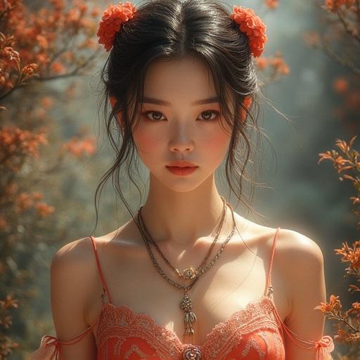 Anime style maid in café setting. Girl with flowers in hair and elegant dress. Soft ambiance with warm light and floral background.