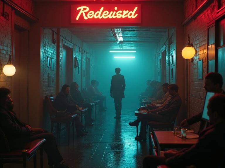 Create a scene with a dimly lit corridor. Include a figure walking forward. Use neon lights for ambiance. Add people sitting alongside the corridor. Capture a moody atmosphere.