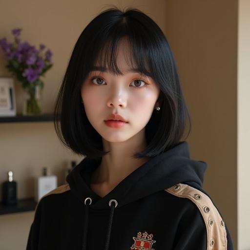 Close-up portrait of a young woman with porcelain skin and straight black bob hairstyle. She has light grayish-purple eyes with soft makeup. She's wearing a black hoodie in a pale beige room with a shelf in the background. The atmosphere is cozy and stylistic with purple flowers. Expression is calm and melancholic.