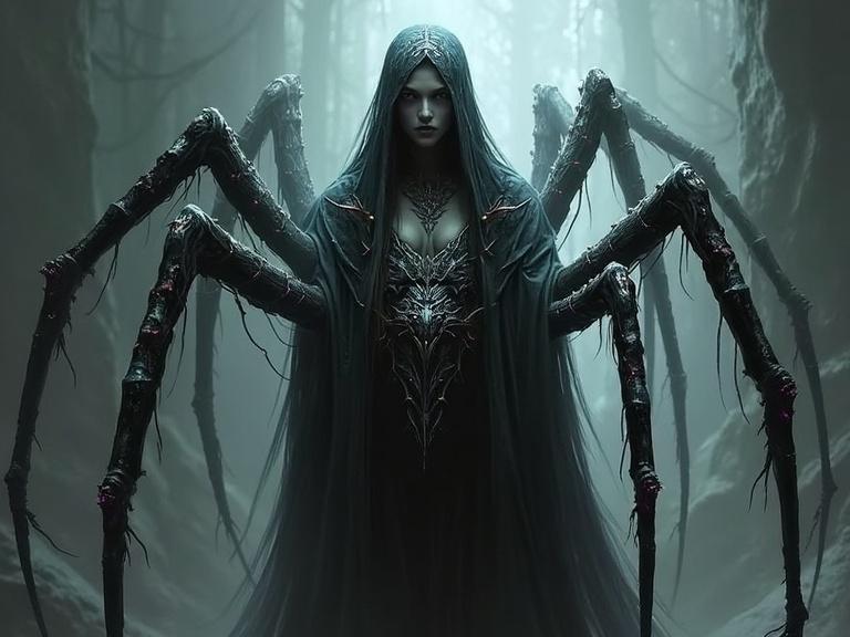 Depiction of Lolth the Demon Spider Queen as a creature with a spider body and drow elf upper body. Dark fantasy theme with intricate details and dramatic effects. Captivating artwork evokes mystery and intimidation.