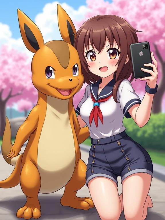 Rika Nonaka takes a selfie with her Digimon Renamon in a sunny park. Rika wears a sailor uniform and smiles while holding a smartphone. Renamon stands beside her, looking calm. Background features blooming cherry blossoms, creating a vibrant scene. Animation style with bright colors and warm lighting.