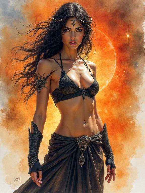 Goddess Persephone depicted as a powerful woman warrior in a sexy outfit. Flirty demeanor. Surrounded by a fiery landscape. Upper body portrait with dramatic pose and expressive eyes.