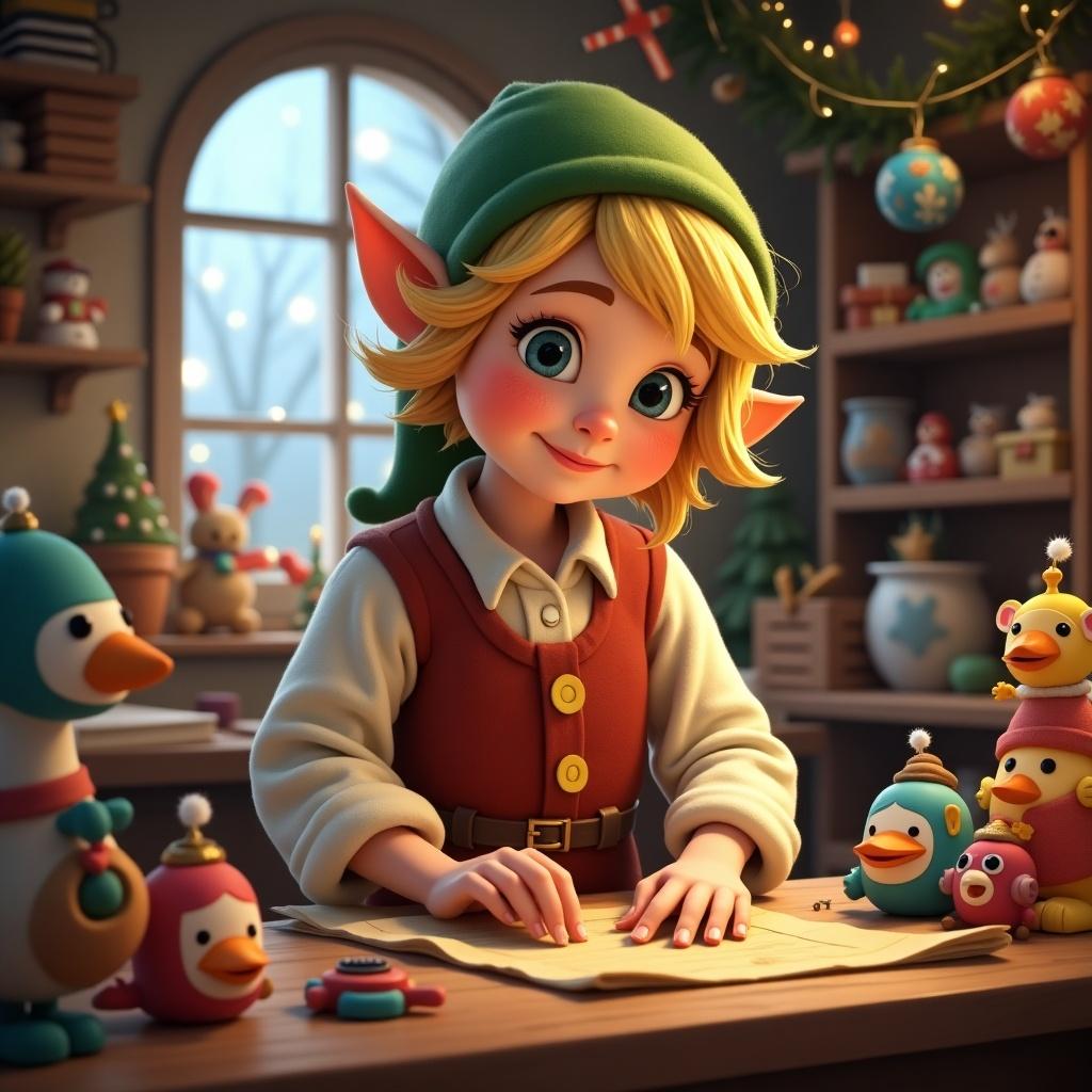 Blond elf making toys in a cozy workshop filled with festive decorations. The elf is engaged in crafting toys with cheerful expressions around.