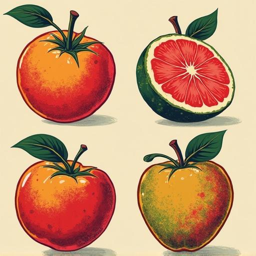 Retro design features colorful fruit illustrations. Includes oranges, apples, and a grapefruit. Each fruit has vibrant colors and detailed leaves. Showcases a playful, vintage aesthetic.