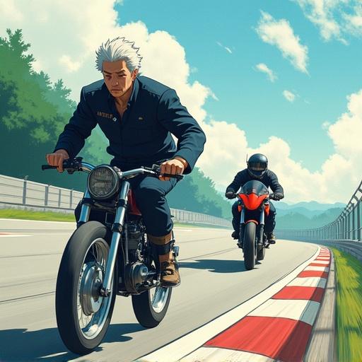 Animated scene featuring a character on a motorcycle fleeing from a robot on a racetrack. Style is comedic and action-oriented. Characters are inspired by anime.