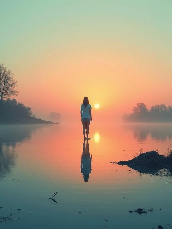 A dreamlike landscape with a solitary woman by a body of water. Colorful sunset in the background with soft orange and muted blues. Trees are silhouetted against the horizon. The scene conveys tranquility and contemplation with minimalist and abstract themes.