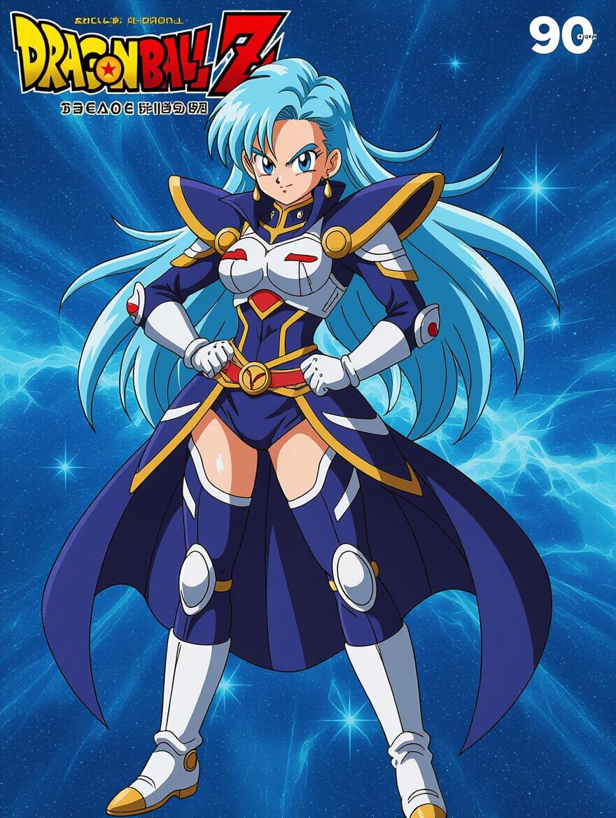 Anime character in a mech suit designed in 90s anime style. Female character with long pixie hair and a perfect body. Full body displayed against a space background. Suit features metal and royal blue colors with a focus on her warrior look.
