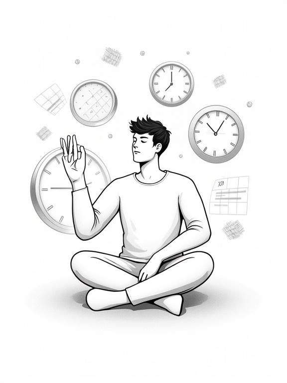Calm gender-neutral person sitting cross-legged on a still ground pressing a pause-button. Large clock faces and calendar pages encircle in motion lines. Space is quiet and clear. Black and white line-art with thick outlines and abundant white space.
