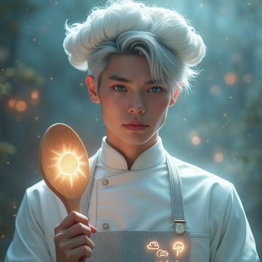 A portrait of a mystical male chef with soft silver hair and glowing pale blue eyes. The chef wears a pastel robe and an apron embroidered with weather icons. He holds a glowing wooden spoon and has a cloud-shaped chef hat. The background is ethereal with mist and sparkles. Cinematic lighting creates a dreamlike atmosphere. The style combines fantasy and realism with volumetric lighting.