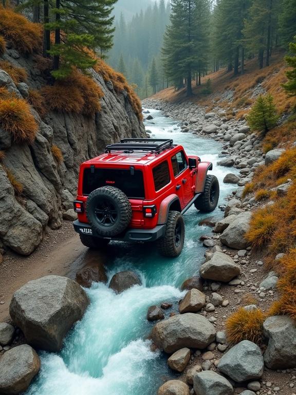 A hyper-realistic red Jeep Rubicon drives along a narrow dirt trail by a rugged mountain stream. The view is from above with a wide angle showing the open roof and mud-covered tires. The vibrant red contrasts with earthy surroundings, rocky hillsides, pine trees, mossy boulders, and autumn-colored shrubs. A turquoise glacial stream flows quickly among the rocks, adding motion. The scene has overcast lighting and detailed textures with cinematic composition in 8K resolution.