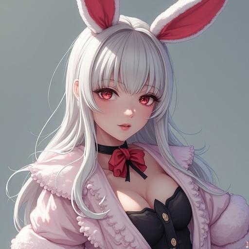 Japanese woman dressed in bunny suit cosplay inspired by 2B from Yorha in a fantasy setting