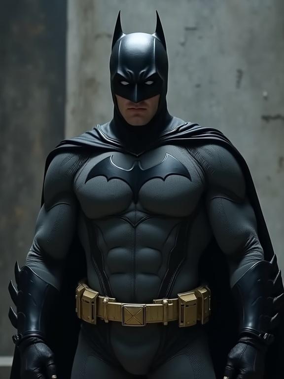 Batman in a classic pose. Focus on muscular physique and recognizable costume. Dark and moody environment. Emphasizes superhero aesthetics.