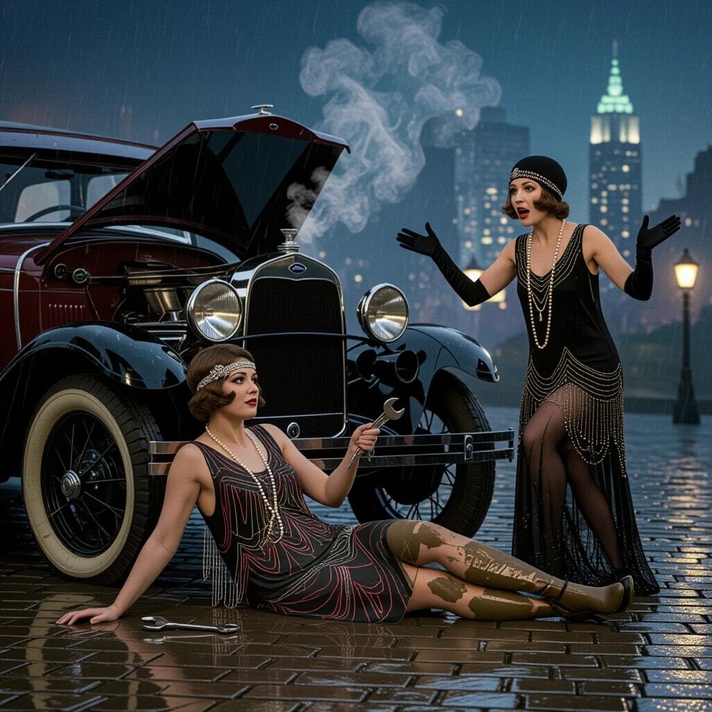 One woman lies under a vintage Ford Model A car in a muddy flapper dress with a wrench. Another woman stands beside her in pearls and a cloche hat. The car hood is open, steam rising from the engine. A rainy night with a flickering lantern and a distant city glow. It has photorealistic textures and exaggerated expressions.