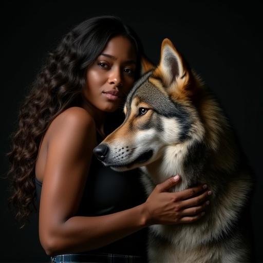 Black woman with wavy hair embracing a wolf against a dark background