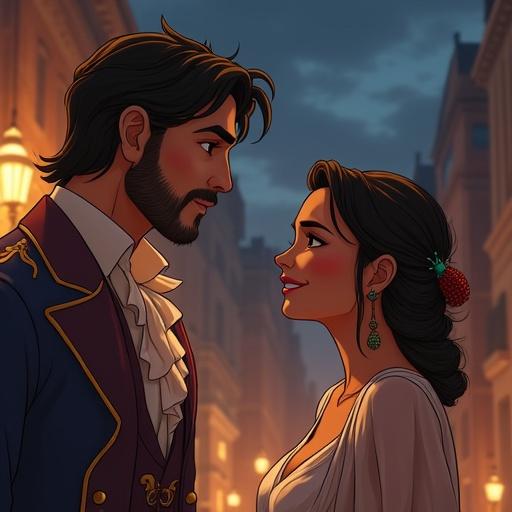 A prince explains a situation to a girl with a smile. The girl responds positively. A witch is frustrated above them, vanishing in dark smoke. The couple shares a warm smile with a romantic glow around them. The text narrates their adventure and kiss. Animation includes expressive gestures and visual effects for the witch's defeat. The end is written elegantly.