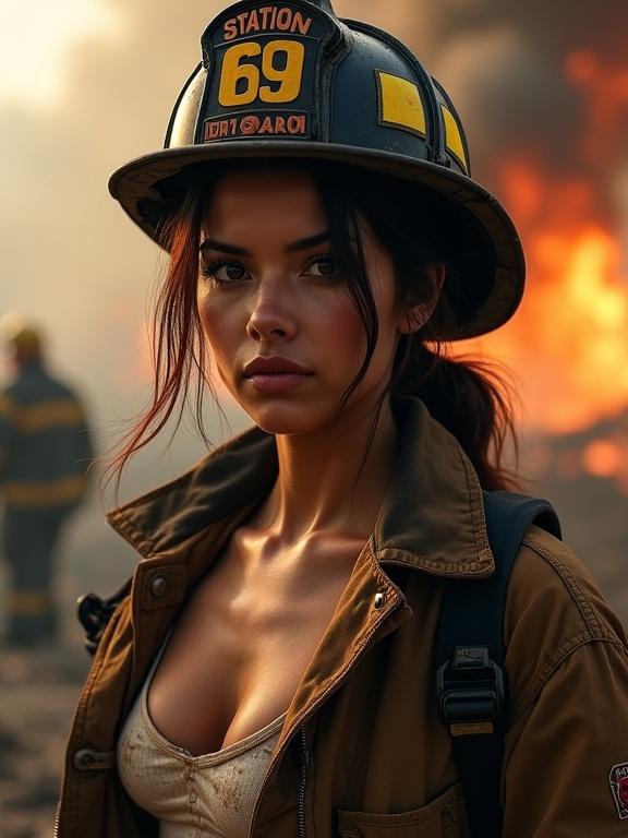 Striking portrait of a female firefighter. Long dark hair in a bun. Soot-streaked helmet with station 69. Protective jacket unzipped revealing sweat-stained tank top. Blurry fire rescue background. Dramatic lighting highlighting her face. 50mm lens perspective focuses on her expression. Heroic and inspiring mood.