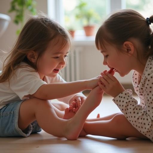 Two girls playfully interacting. Focus on their feet. The scene shows friendship and joy. Natural lighting enhances the atmosphere.