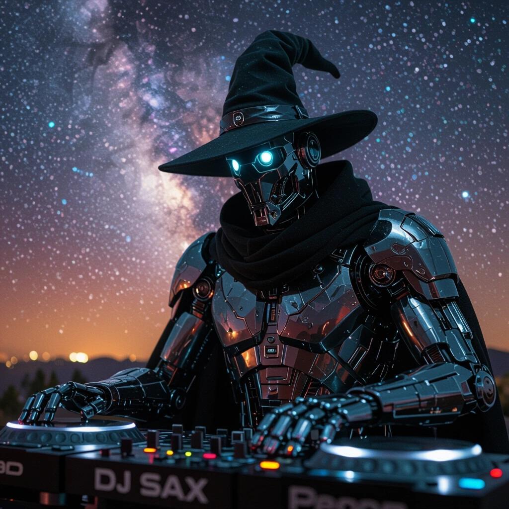 Close up of a dark cyborg wizard DJ. The DJ has a hooded robe and a wizard hat. Turntables show the words DJ SAX. The background features a nebula sky. Stars shine brightly at night.