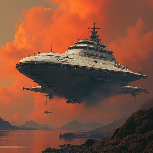 Massive spaceship in Syd Mead style. Bright orange and red clouds. Futuristic design. Floating above mountainous landscape.