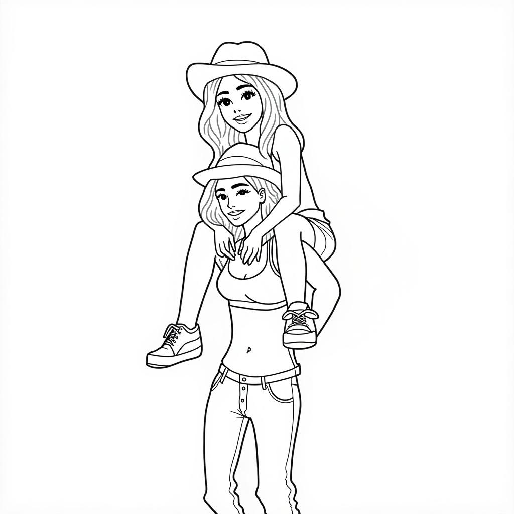 Line drawing of two sisters. One sister on top of the other's shoulders. Girl on top smiles with eyes open, wearing top and pants. Girl below smiles with eyes closed, wearing a hat and bikini top with low rise jeans. Chicago skyline in background.