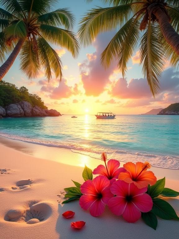 Tropical beach scene at sunset with vibrant flowers in the foreground. Flowers are loose and natural on sandy shore by the water. Flowers resemble hibiscus or plumeria in shades of red, orange, and pink. Scattered petals around flowers. Light beige sand sloping into turquoise ocean. Calm water reflecting sunset colors. Tall palm trees framing the scene. Small boat visible in distance. Sky with scattered clouds illuminated by sunset. Warm dreamy atmosphere.