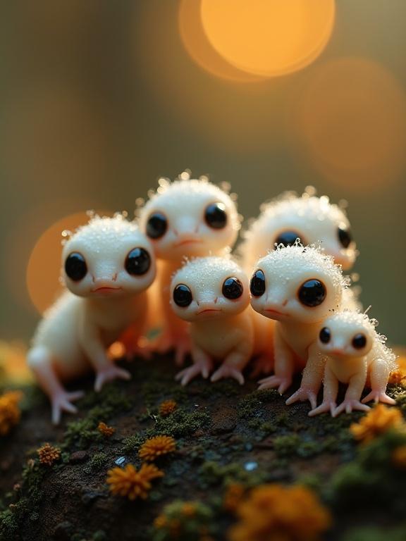 Image shows small, whimsical creatures in a forest setting. Creatures resemble tiny beings with creamy pale bodies and large black eyes. They have dewdrops on their heads. Background features soft bokeh lights in amber tones. Scene evokes emotions of fantasy and curiosity.