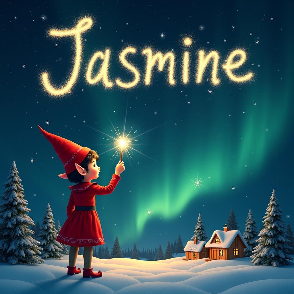 An elf uses a magical wand to write the name Jasmine in sparkling letters. The elf gazes at the magical sky wearing a vibrant red outfit and pointed hat. It holds a glowing wand and writes in shimmering letters. Below, a charming landscape features little houses and evergreen trees, illuminated by enchanting Northern Lights.