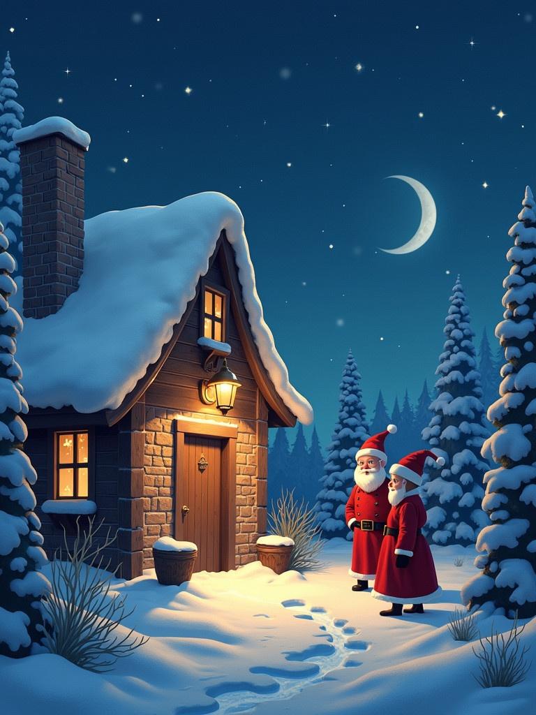 Two Santa Claus characters standing outside a cozy cabin during winter. Snow covers the ground and roof. Stars twinkle in a deep blue night sky. A crescent moon is visible above, enhancing the magical feeling of the scene.