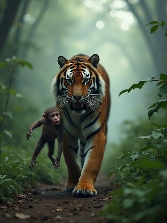 Ultra-realistic cinematic depiction of a tiger walking through a misty jungle with a baby monkey clinging to its mother. The tiger holds a lifeless monkey in its jaws. The intense atmosphere evokes fear and sadness.