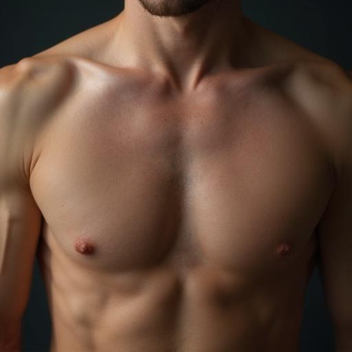 Close up of a man's chest and shoulders. Skin tone and well-defined muscles. Focused lighting highlights the body features. Dark background enhances the image.