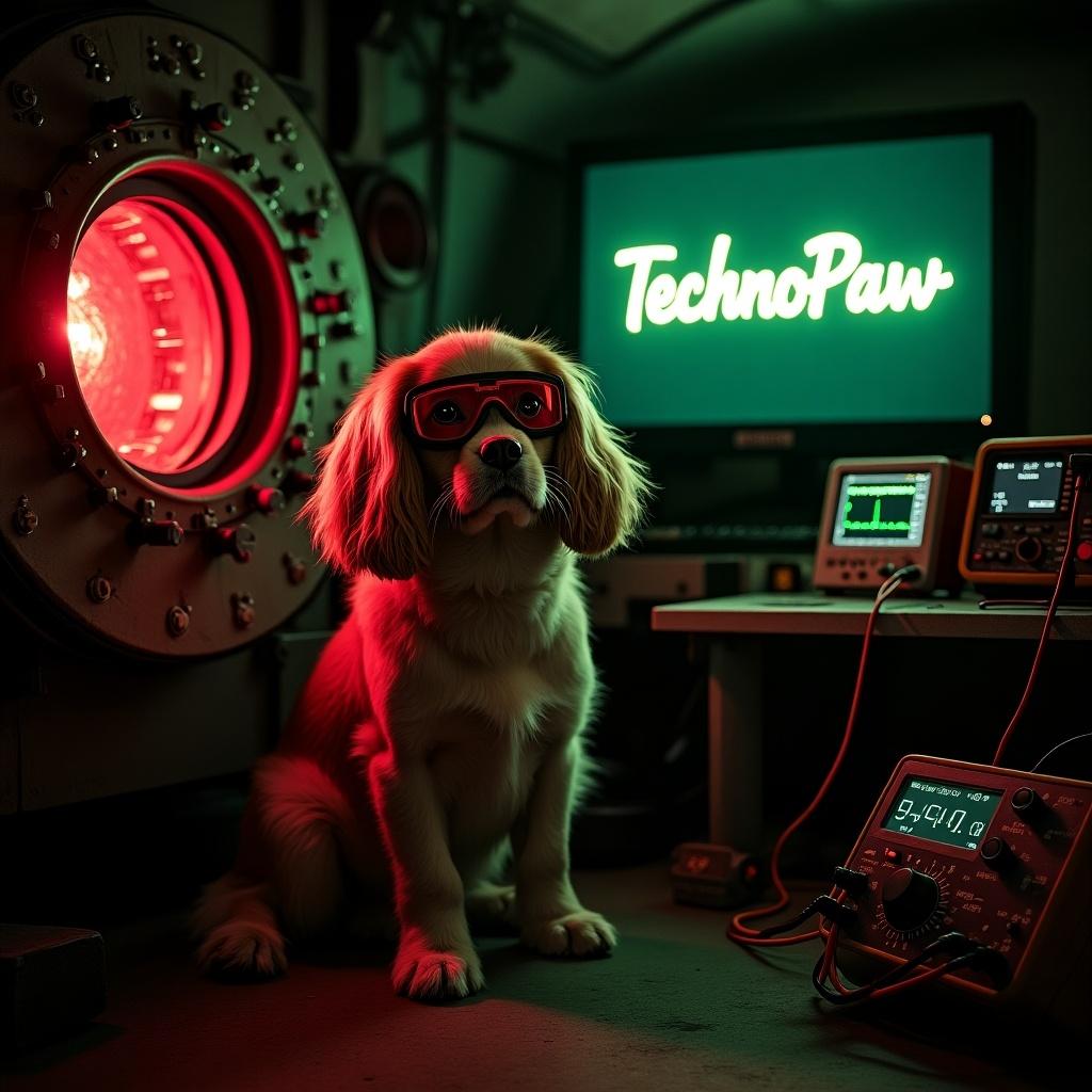 In a dark and eerie bunker, a fluffy Cavalier King Charles Spaniel sits next to a nuclear reactor. The dog is wearing stylish welding goggles, enhancing its cute appearance. Next to the dog, oscilloscopes and multimeters display various signals, showcasing the high-tech environment. A bright red emergency alarm lights up the background, contributing to the industrial atmosphere while drawing attention to the dog's expressive face. The computer screen in the background prominently features the glowing text 'TechnoPaw', further emphasizing the quirky combination of technology and pet companionship.