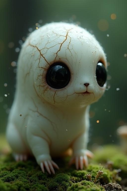 Studio Ghibli Dark Fairytale, moody ethereal aesthetic, high-resolution macro photograph of a small Kodama forest spirit. Kodama has smooth, desaturated white surface with markings for ghost-like look. Large black eyes hint at wisdom. Delicate limbs and textures are translucent, catching light. Mist-like particles float around it. Cracks and mossy growths on body give forest feel. Background is blurred with diffused light and glowing spores.