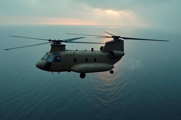 Massive dark brown military cargo helicopter soars over deep ocean. Helicopter is a hybrid of Chinook and futuristic dropship. Twin rotors churn misty air. Scene captured from above by drone. Aircraft is bulky, armored, with sealed cargo bay doors. Horizon is faint amber light reflecting on ocean surface. Camera angle is ultra-wide and high-altitude.